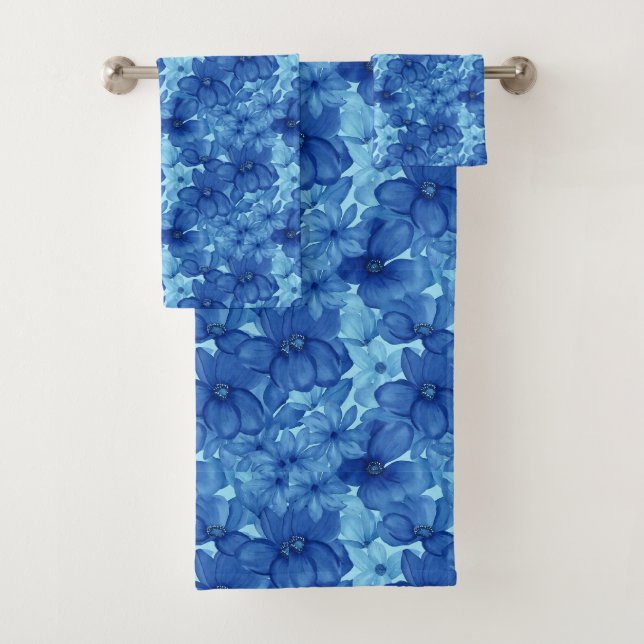 Juego de toallas florales de acuarela azul vibrant (In situ)