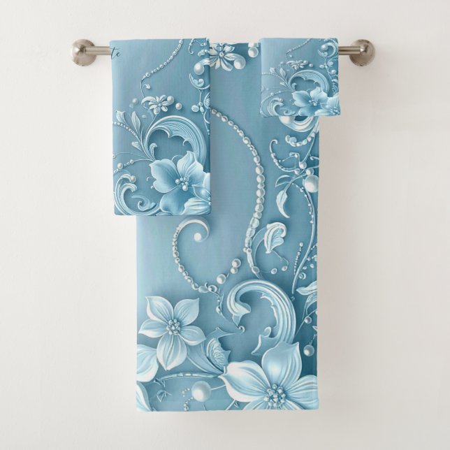 Juego de toallas florales decorativas azules (In situ)