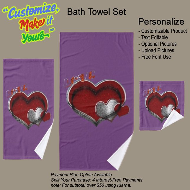 Juego de toallas Heart Magic Purple (Heart Magic Bathroom Towel Set Featuring a Purple Background.)