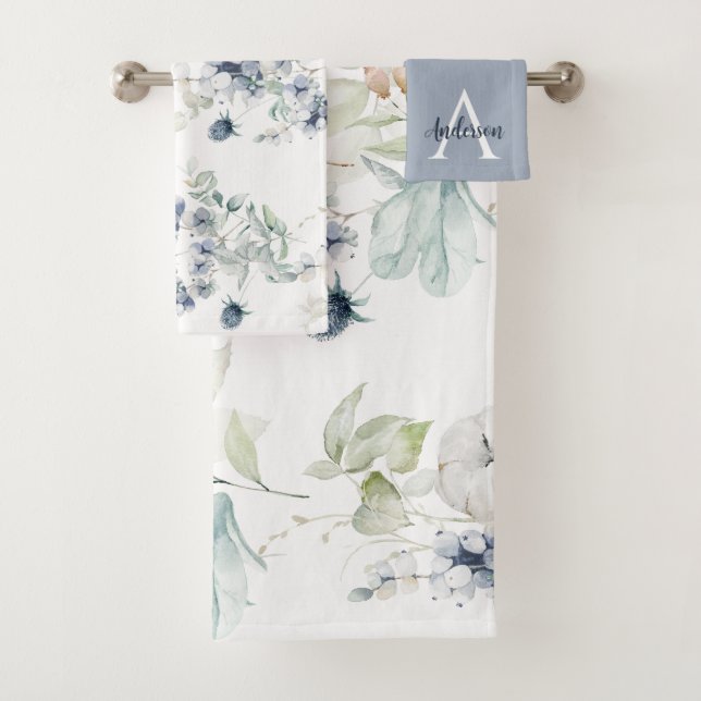 Juego de toallas monogramadas con flores azules po (In situ)