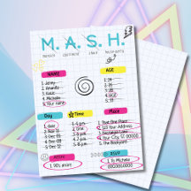Juego MASH, invitación de fiesta de los 90