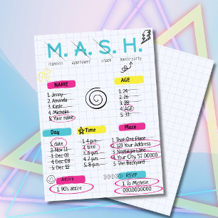 Juego MASH, invitación de fiesta de los 90