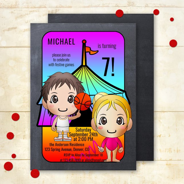 Juegos Coloridos Invitación de cumpleaños para niñ (Cute colorful kids game birthday party invitation featuring two children with a circus or party tent)