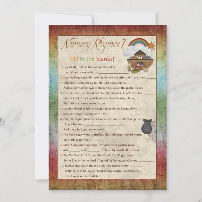 Juegos de Baby Shower de Noah's Ark Nursery Rhyme (Anverso)