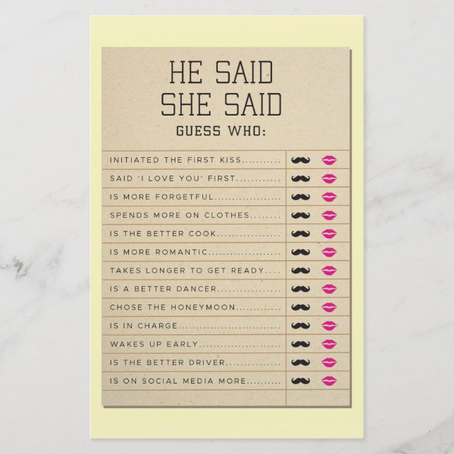 Juegos De Ducha De Novias Dijo Que Dijo Tarjeta De (Anverso)