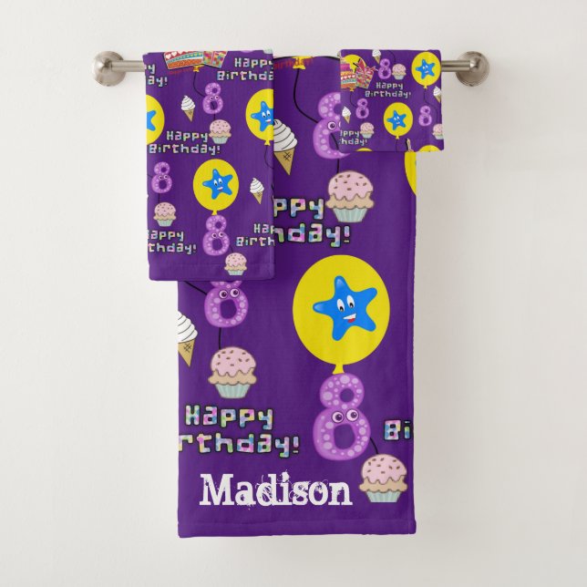Juegos de toallas, #8 Feliz octavo cumpleaños púrp (In situ)