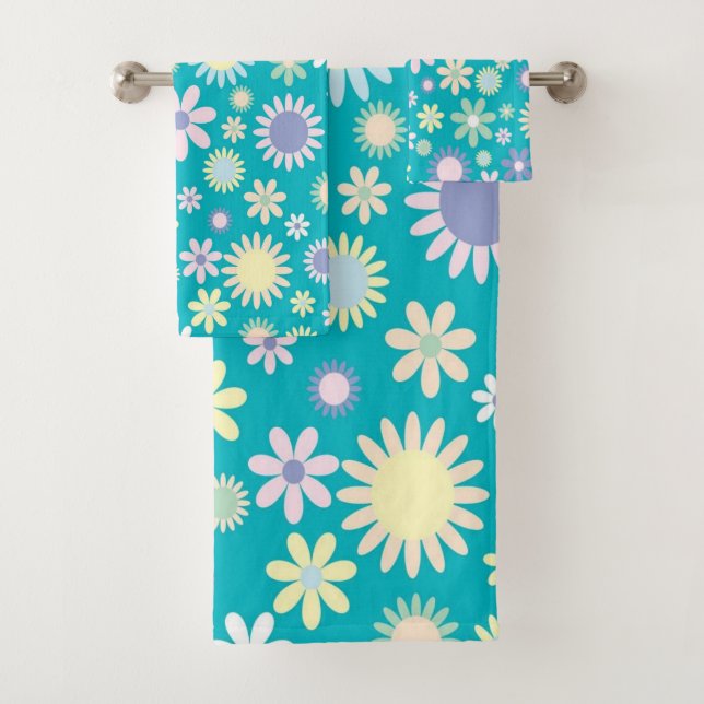 Juegos de toallas de baño azules con flores floral (In situ)