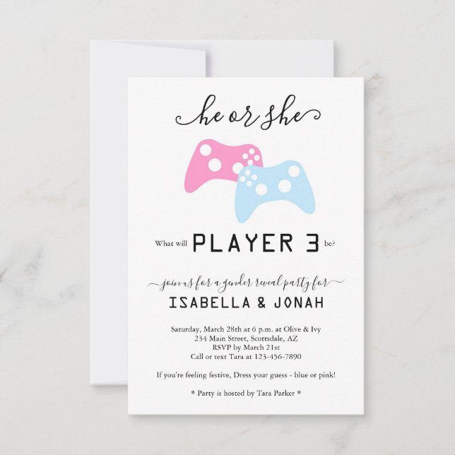 Jugador 3 Videojuego Género Revelar Invitación de  (Anverso)