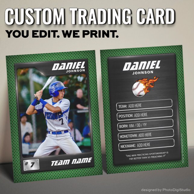 Jugador de Béisbol con tarjeta verde de béisbol de (Custom Baseball Trading Card, Modern Green Player Card)
