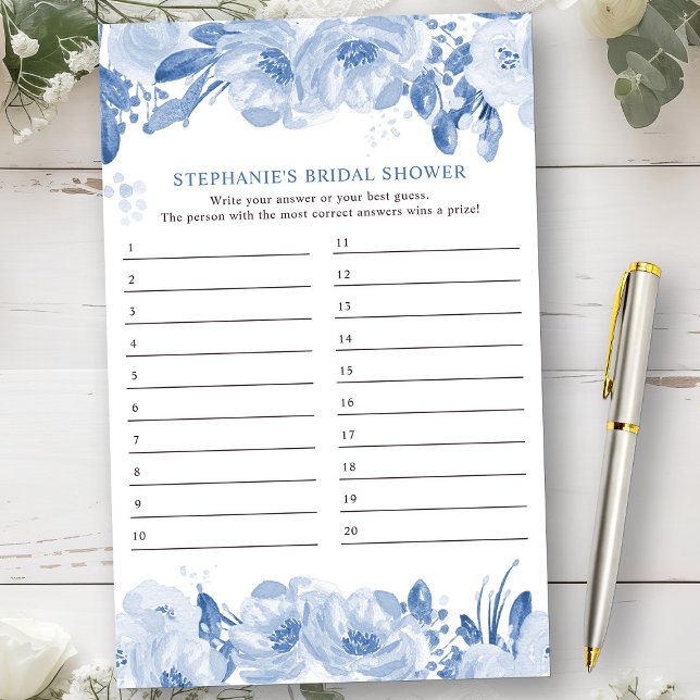 Jugador de ducha de novia Hoja de respuesta Floral (Bridal Shower Game from my Dusty Blue Watercolor Floral Bridal Shower)