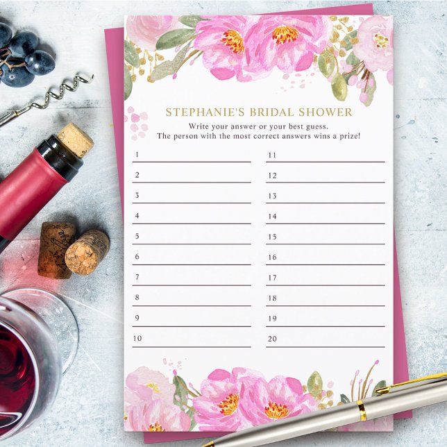 Jugador de ducha de novia Tarjeta de respuesta flo (Bridal Shower Game answer card from my Pink and Gold Watercolor Floral Collection)