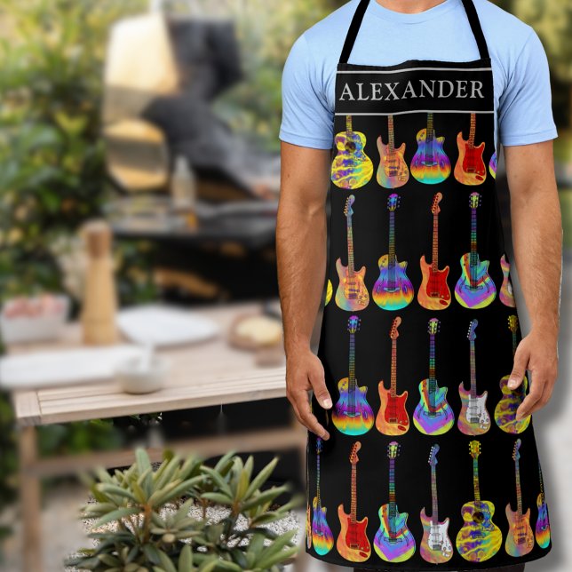 jugador de guitarra colorido delantal personalizad (Personalized vibrant colorful guitar pattern monogram name apron personalized for him Guitar player)