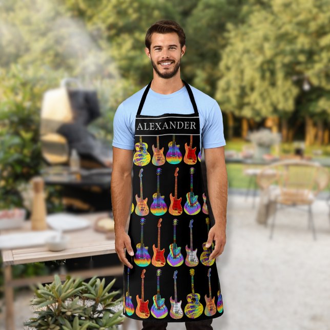 jugador de guitarra colorido delantal personalizad (Funky guitar pattern personalized apron for him rockstar dad, boyfriend, husband, brother or friend)