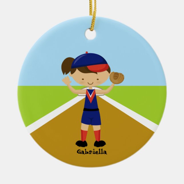 Jugador de softball lindo en el ornamento rojo y (Frente)