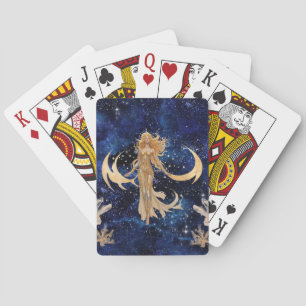 Jugando cartas con diosa celestial en falso oro