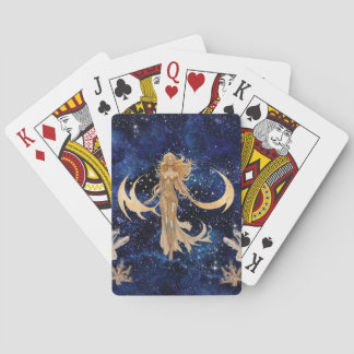 Jugando cartas con diosa celestial en falso oro