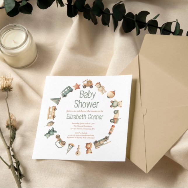 Juguetes cutáneos vintage Wreath Invitación de Bab (Cute Toys Wreath Baby Boy Shower Invitation)