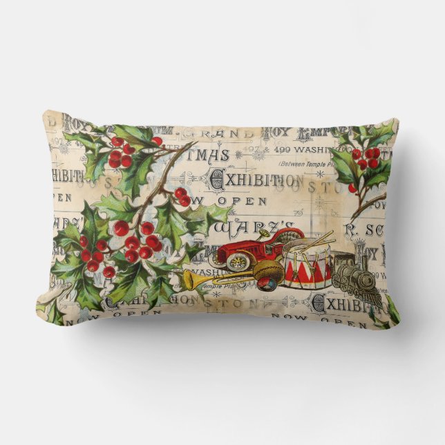 Juguetes navideños vintage y almohada holly lumbar (Anverso)