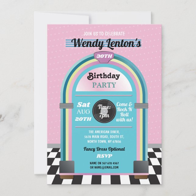Jukebox Birthday Diner Cincuenta Retro Invitación  (Anverso)