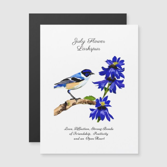 Julio Mes de Nacimiento Flor Pájaro Azul y Larkspu (Anverso/Reverso)