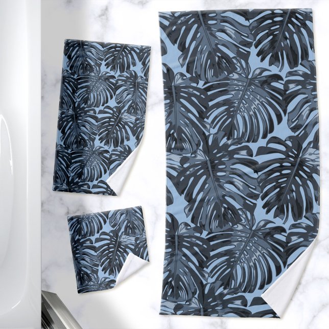 Jungla tropical deja la modernidad azul oscuro (Dark blue palm leaf printed towels in 3 sizes)