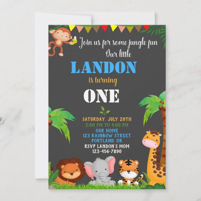 Jungle 1ª invitación de cumpleaños Wild one Invita (Anverso)