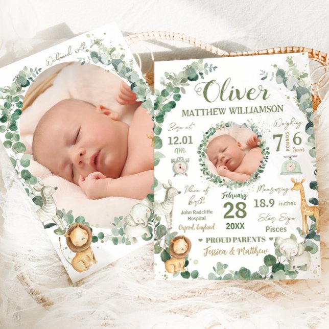 Jungle Animales Baby Birth Stats Photo Invitación (Subido por el creador)