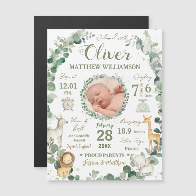 Jungle Animales Baby Birth Stats Photo Invitación (Anverso/Reverso)