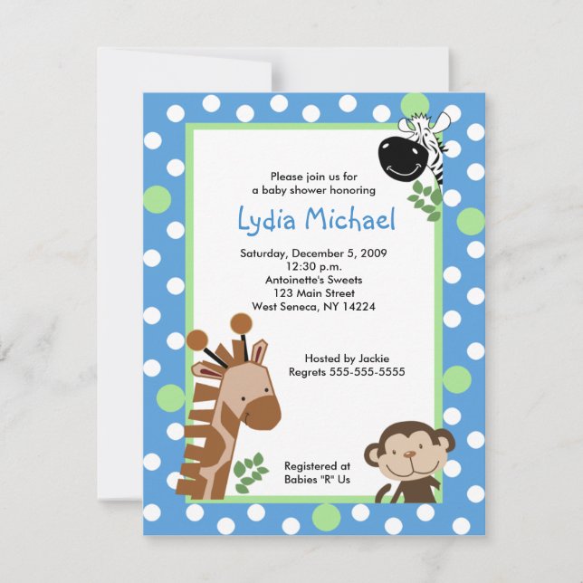 JUNGLE AVENTURE BLUE 4x5 Baby Shower Invitaciones (Anverso)