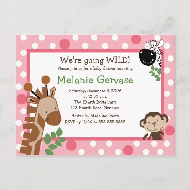JUNGLE SAFARI ADVENTURE PINK Invitación de Baby Sh (Anverso)