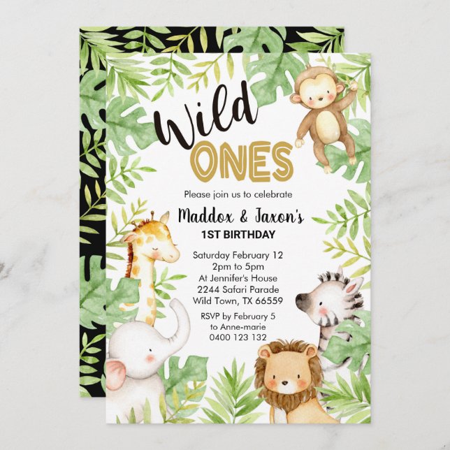 Jungle Wild Ones Primer cumpleaños Invitación geme (Anverso / Reverso)