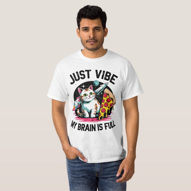 "Just Vibe" - Camiseta espacial Cat & Pizza (Anverso completo)