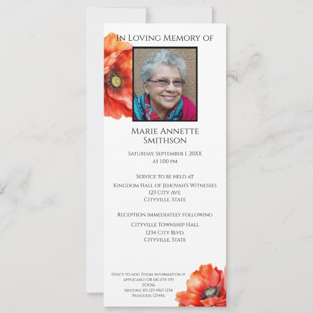 JW Memorial-Funeral Invitación Red Poppy (Anverso)