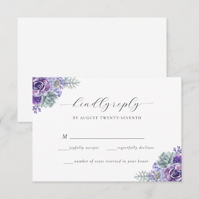 Katherine Purple Floral Script Wedding Tarjeta RSV (Anverso / Reverso)