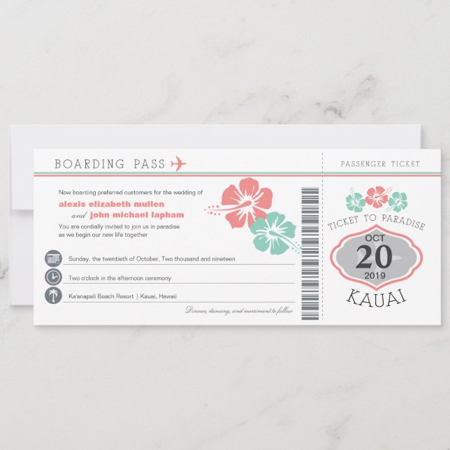 Kauai Hawaii Hibiscus Boda de tarjetas de embarque (Anverso)