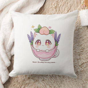 Kawaii atrapó gato en el Cojín decorativo Lavender