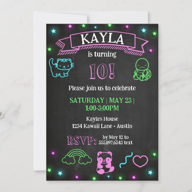 Kawaii Birthday Chalkboard Neon Party Invitación (Anverso)