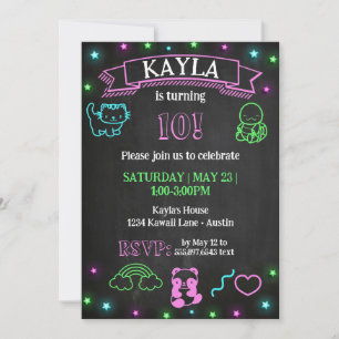 Kawaii Birthday Chalkboard Neon Party Invitación