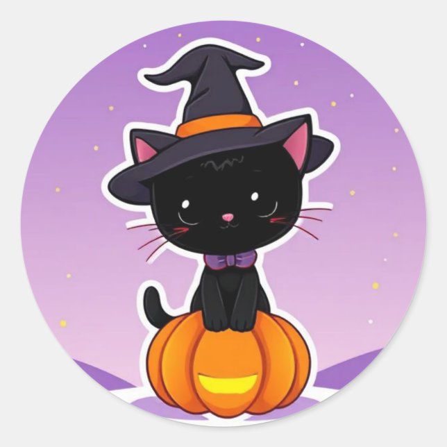 Kawaii Black Cat Pumpkin Halloween Pegatina (Anverso)