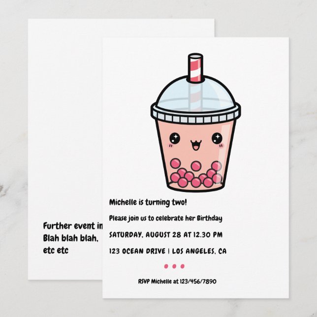 Kawaii Bubble Tea Birthday Party Invitación (Anverso / Reverso)