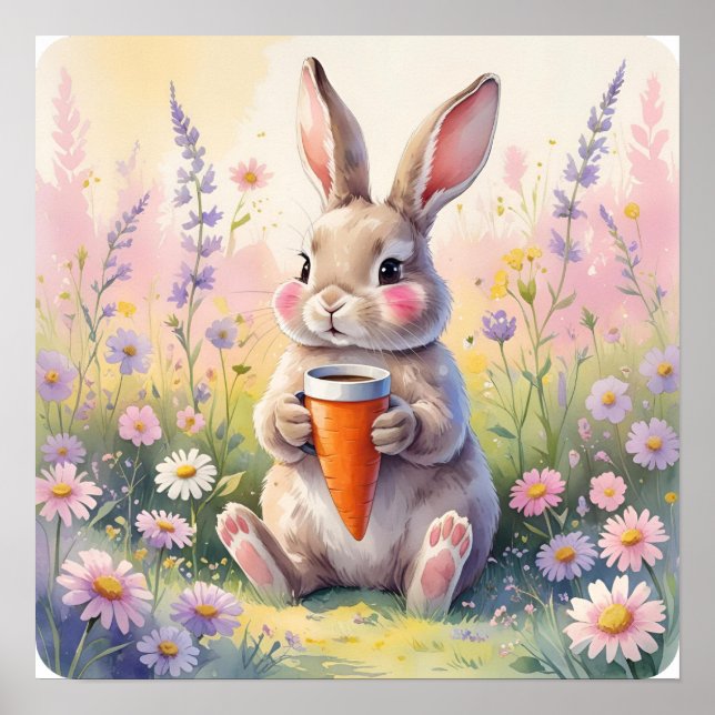 Kawaii Bunny Mug - Impresión de campo de flores ac (Frente)