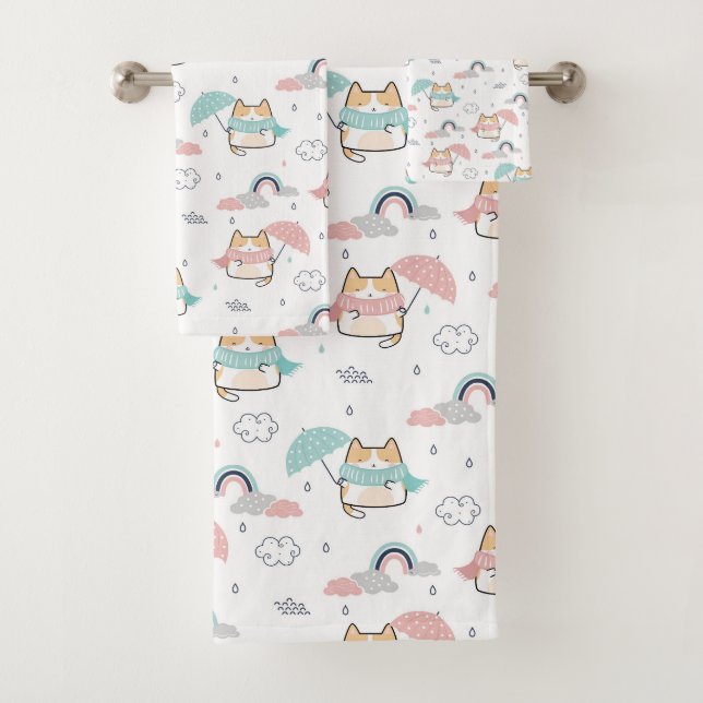 Kawaii Cats Rainy Day Pattern Set de toallas de ba (In situ)