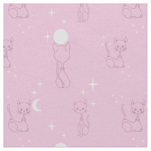 Kawaii Cute Cats Moon Stars Tela Pink Pattern Fabr