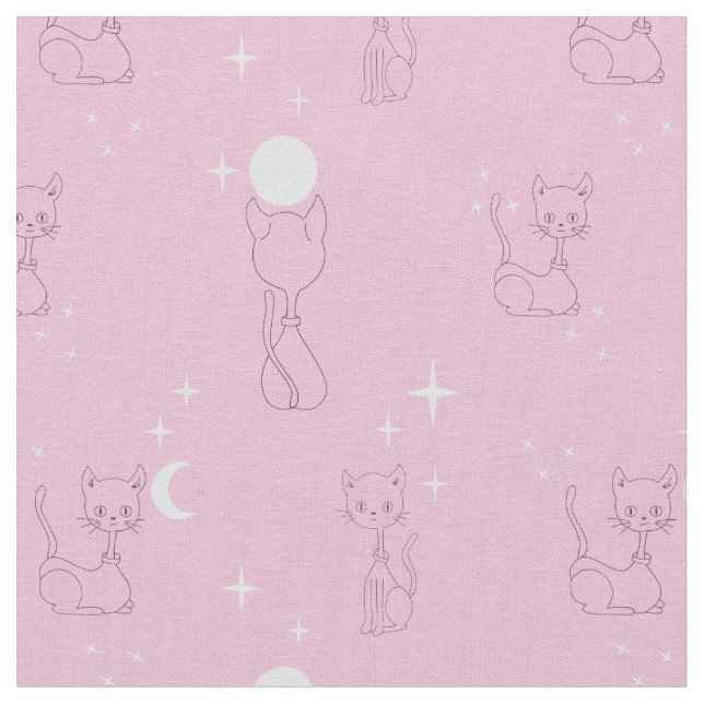 Kawaii Cute Cats Moon Stars Tela Pink Pattern Fabr (De cerca)