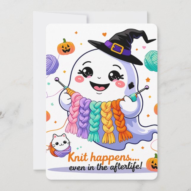 Kawaii Ghost Knitting Halloween Invitación Pegatin (Anverso)
