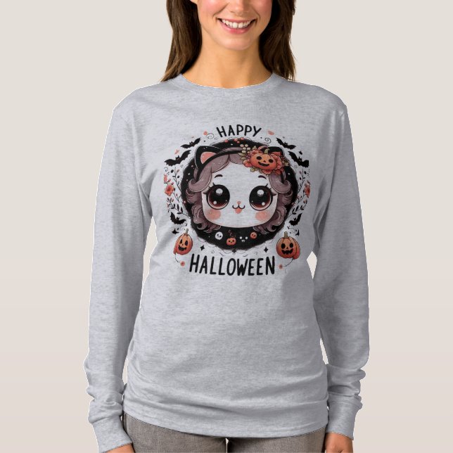 Kawaii Halloween Cat Bat Camiseta de calabaza para (Anverso)