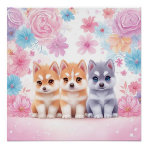 Kawaii Husky Pair Wall Art & Poster