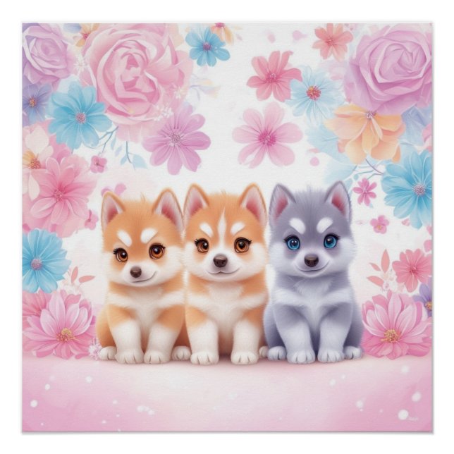 Kawaii Husky Pair Wall Art & Poster (Anverso)