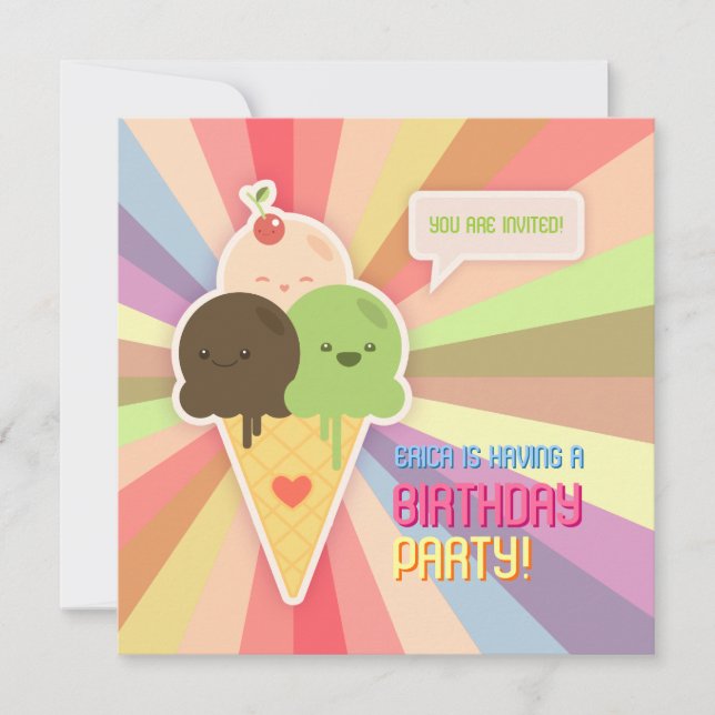 Kawaii Ice Cream Cumpleaños Party Invitación (Anverso)