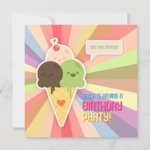 Kawaii Ice Cream Cumpleaños Party Invitación